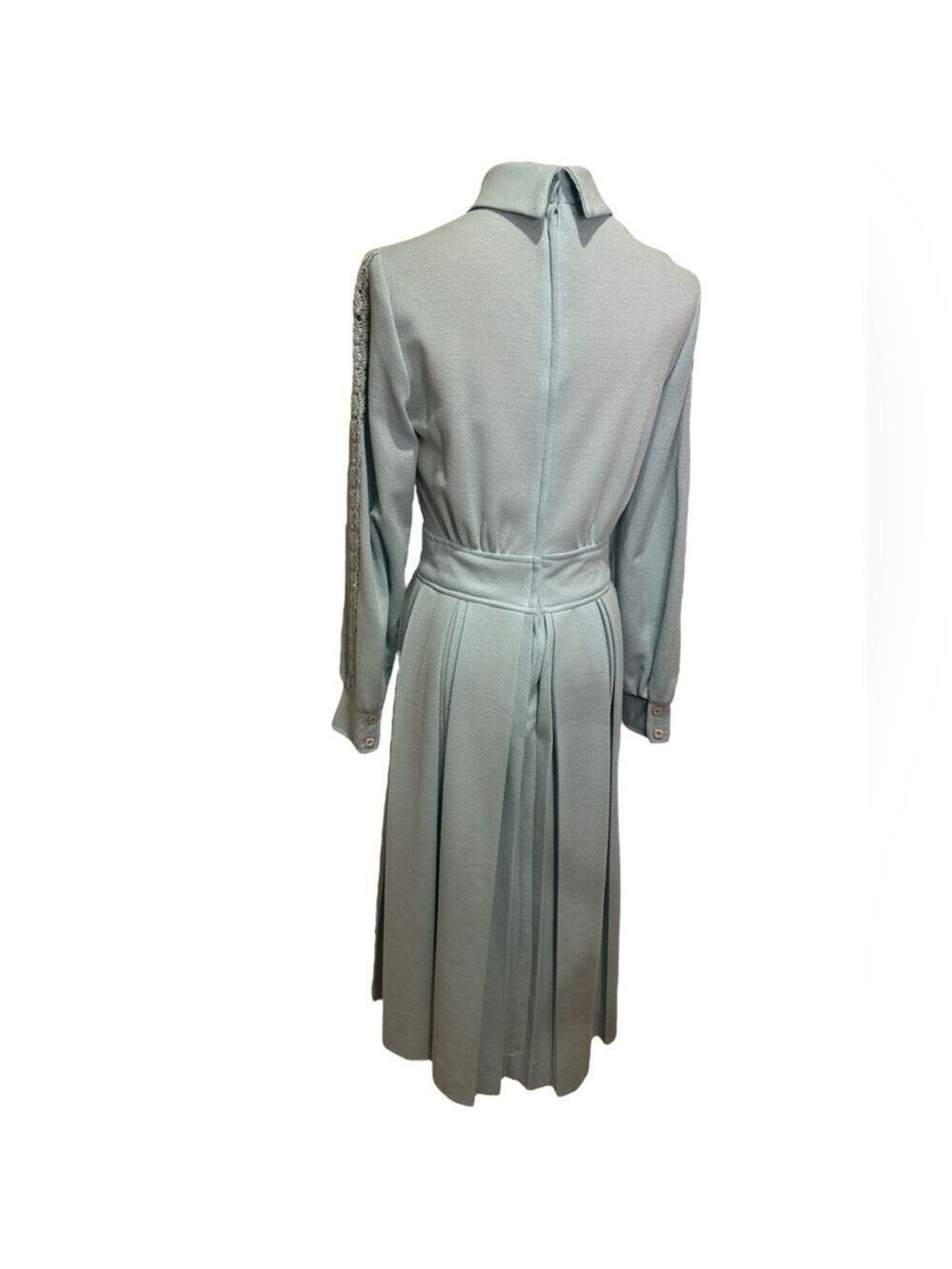 70s ICE BLUE MODEST MIDI DRESS HIGH NECK LACE INSERT SLEEVES PLEATED SKIRT SZ 8 - Picture 6 of 7